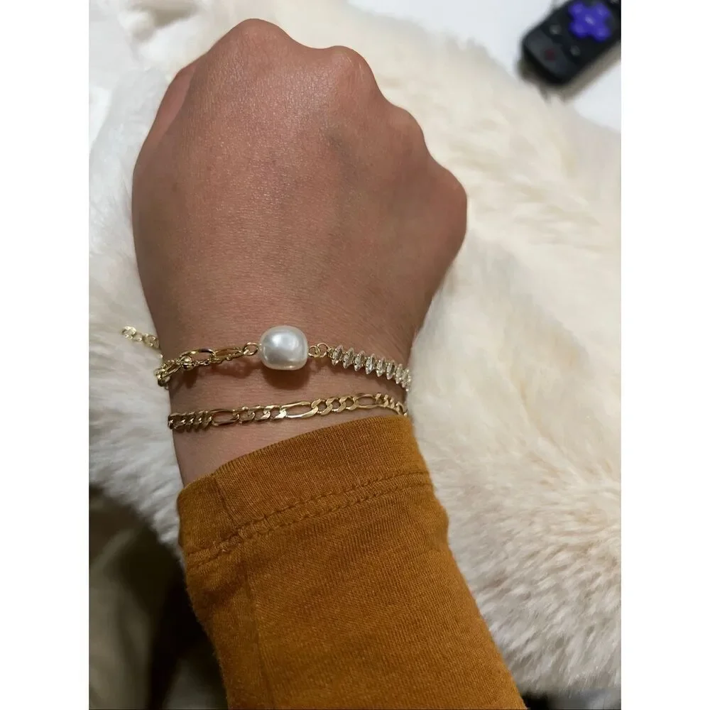 18k Gold filled “ Found her” Pearl bracelet with Marquise CZ paper clip chain